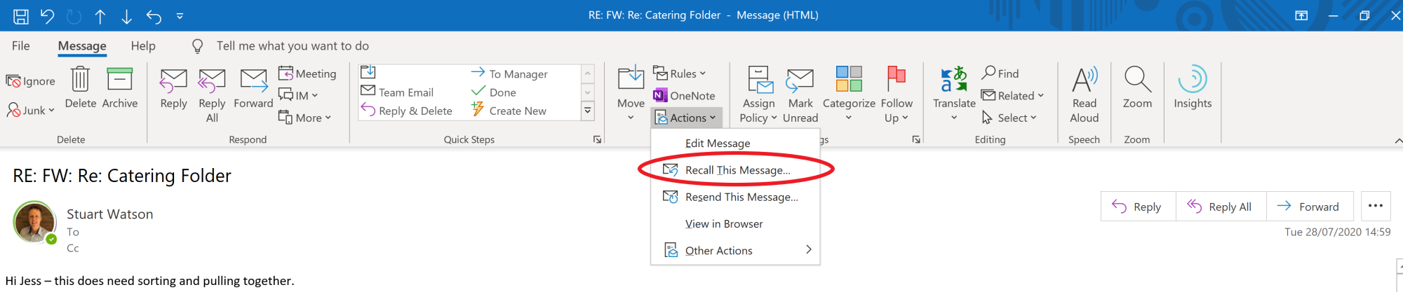 how do i recall an email in outlook 2020